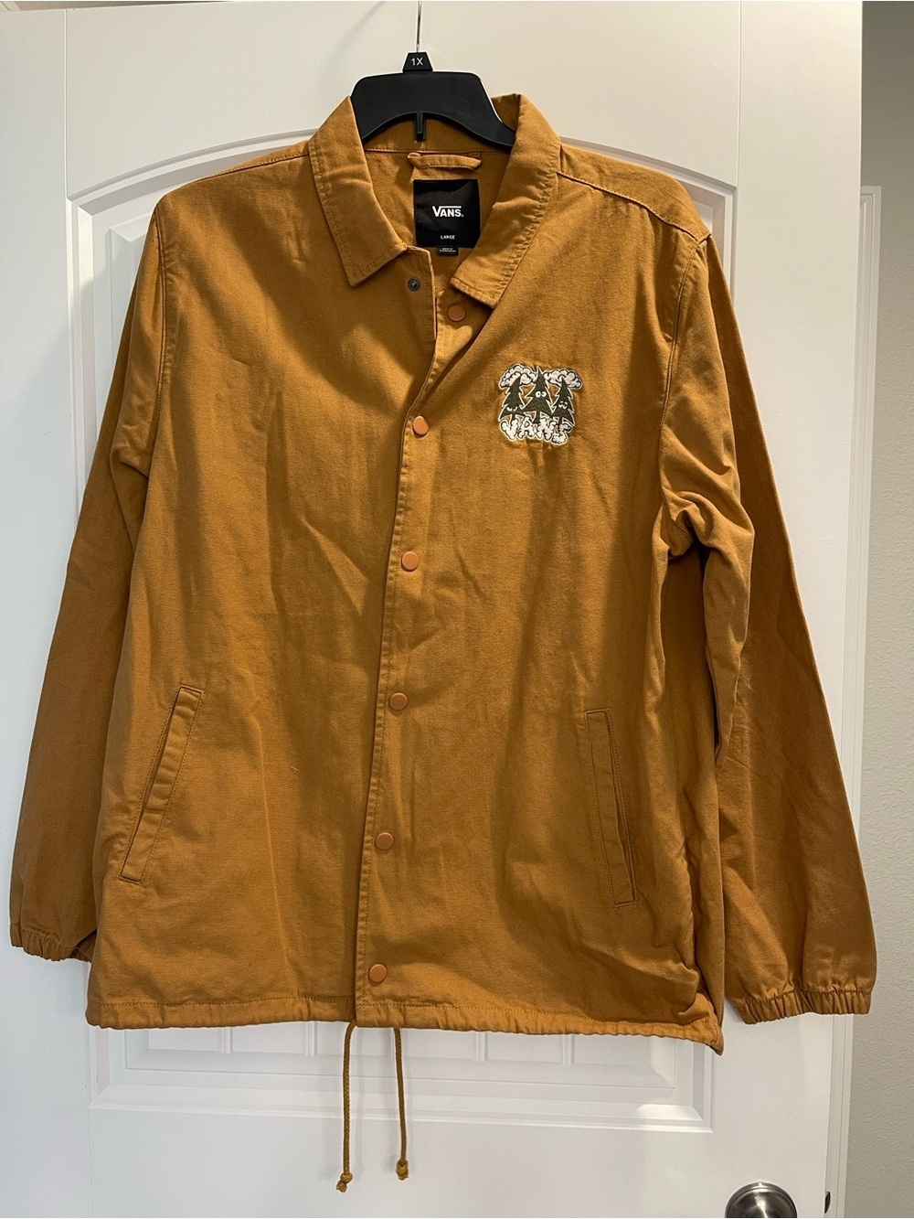 VANS Men's Brown Snap Front Overcoat Jacket Embroidered Logo Pockets Size Large
